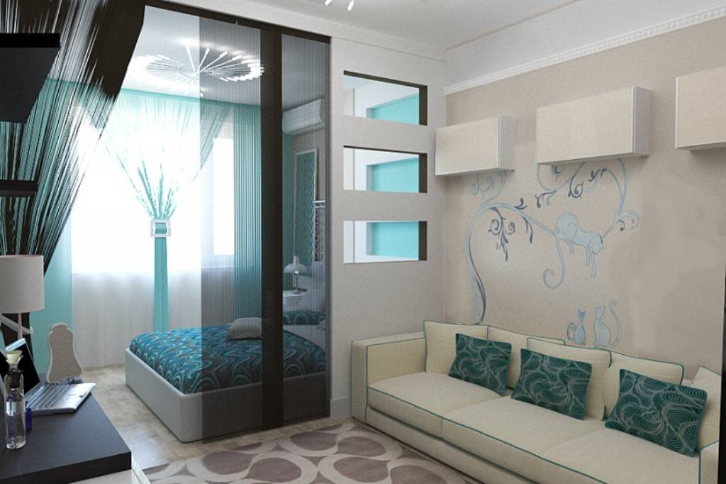 Дизайн спальни гостиной в одной комнате. фото зонирование на две зоны
