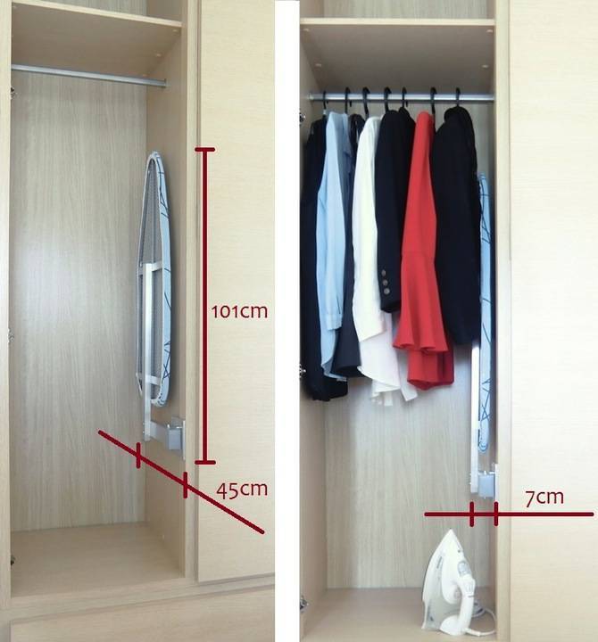 Гладильная доска в шкафу: 3 вида конструкций, материалы, выбор