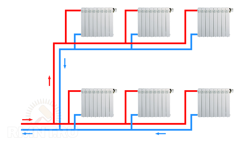 Разводка радиаторов отопления. Схема системы отопления двухтрубка. Двухтрубная система отопления схема 2 контура. Схема трубы для отопления полипропилен. Двухтрубная система отопления в двухэтажном доме схема.