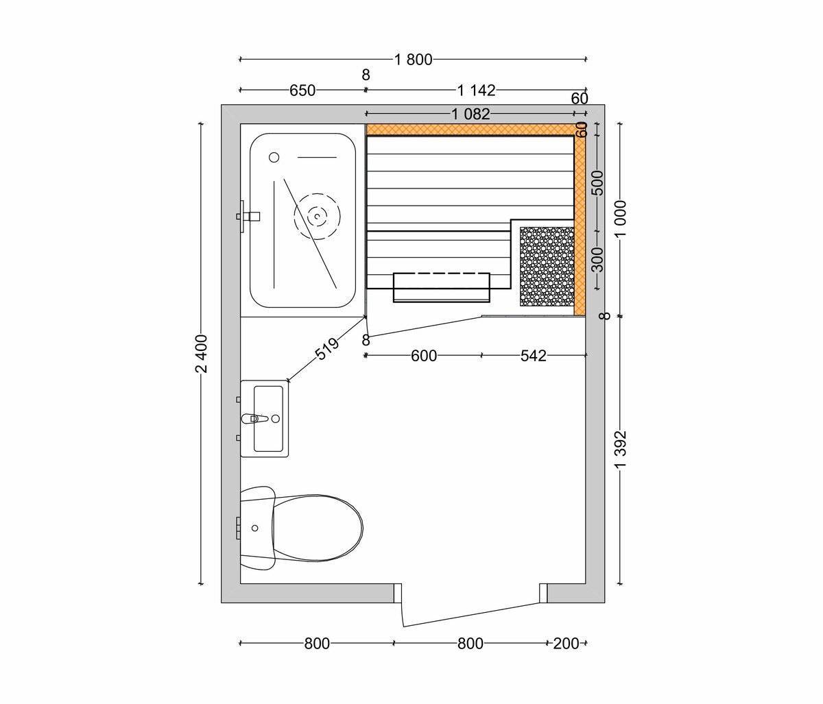 Планировка парилки 2х2.5