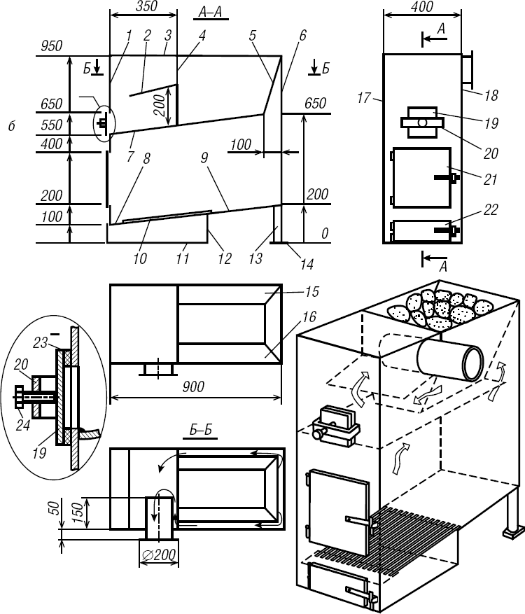 Чертеж железной банной печи